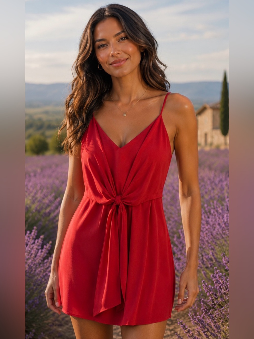 Lavender Brown Red Tie Front Silk Dress